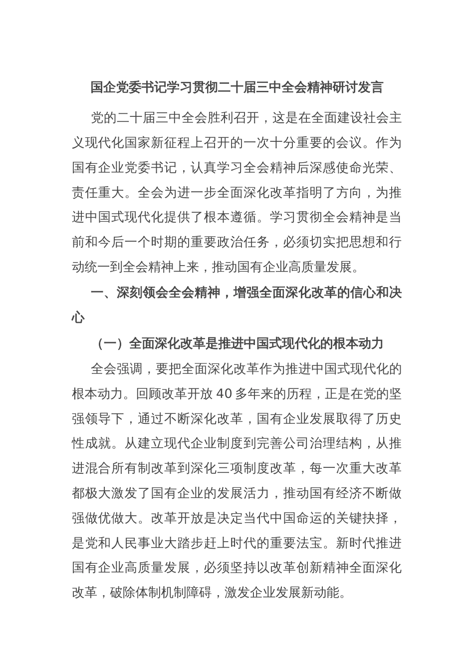 国企党委书记学习贯彻二十届三中全会精神研讨发言_第1页