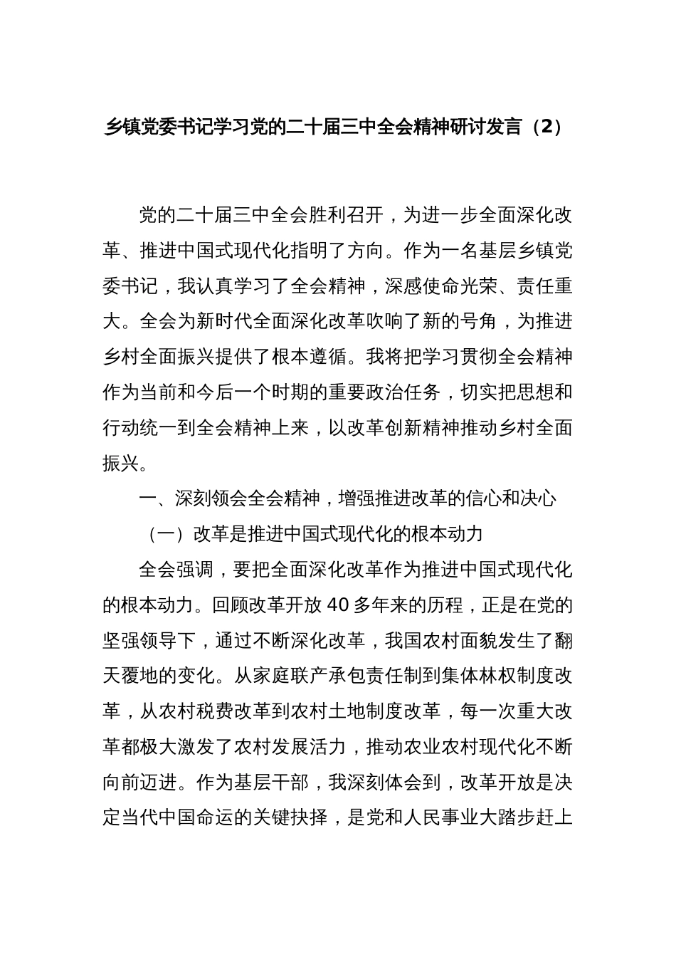 乡镇党委书记学习党的二十届三中全会精神研讨发言（2）_第1页