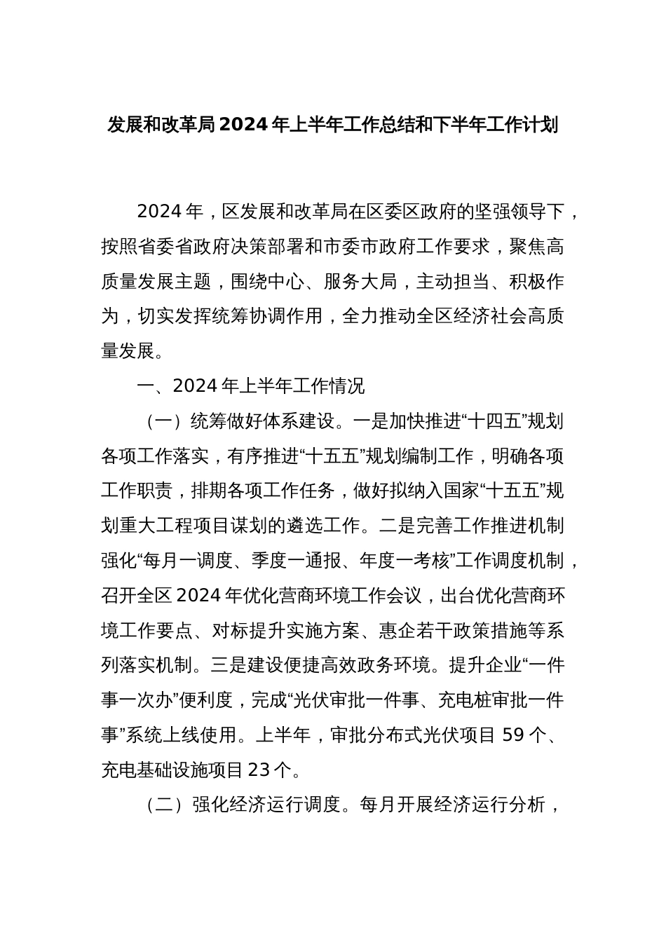 发展和改革局2024年上半年工作总结和下半年工作计划_第1页