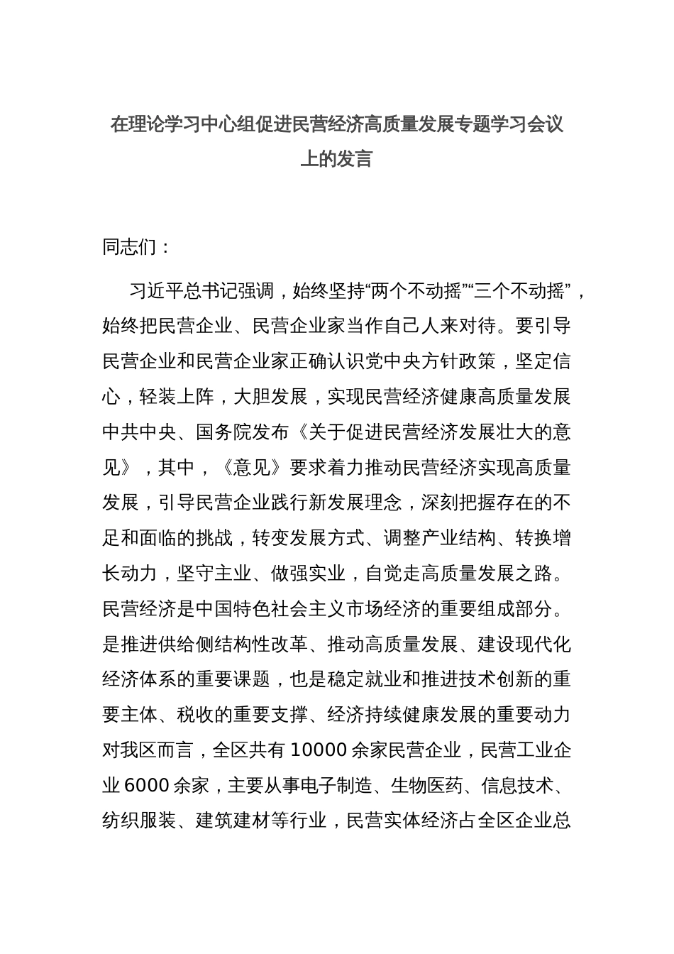 在理论学习中心组促进民营经济高质量发展专题学习会议上的发言_第1页