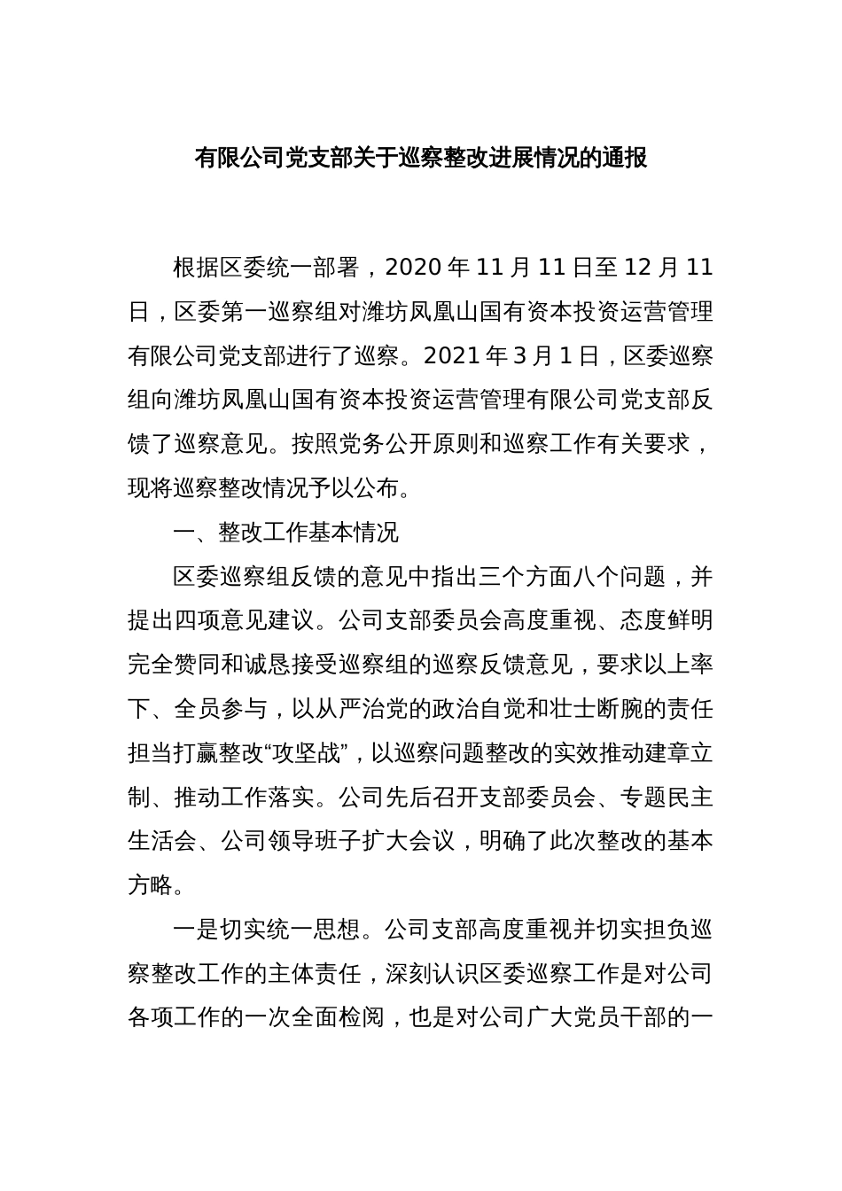 有限公司党支部关于巡察整改进展情况的通报_第1页