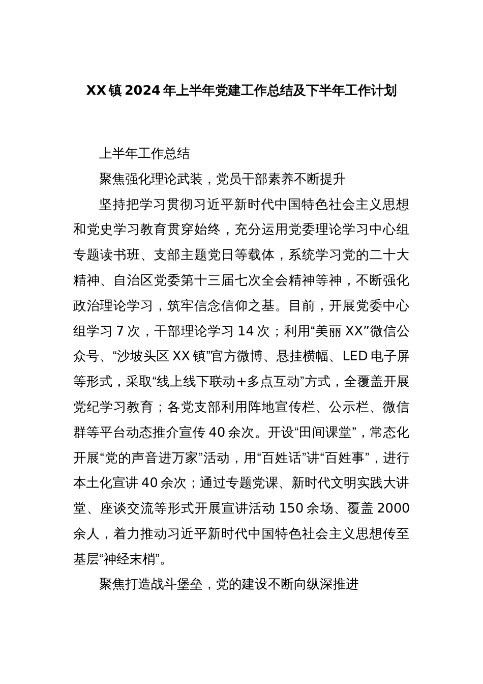 XX镇2024年上半年党建工作总结及下半年工作计划_第1页