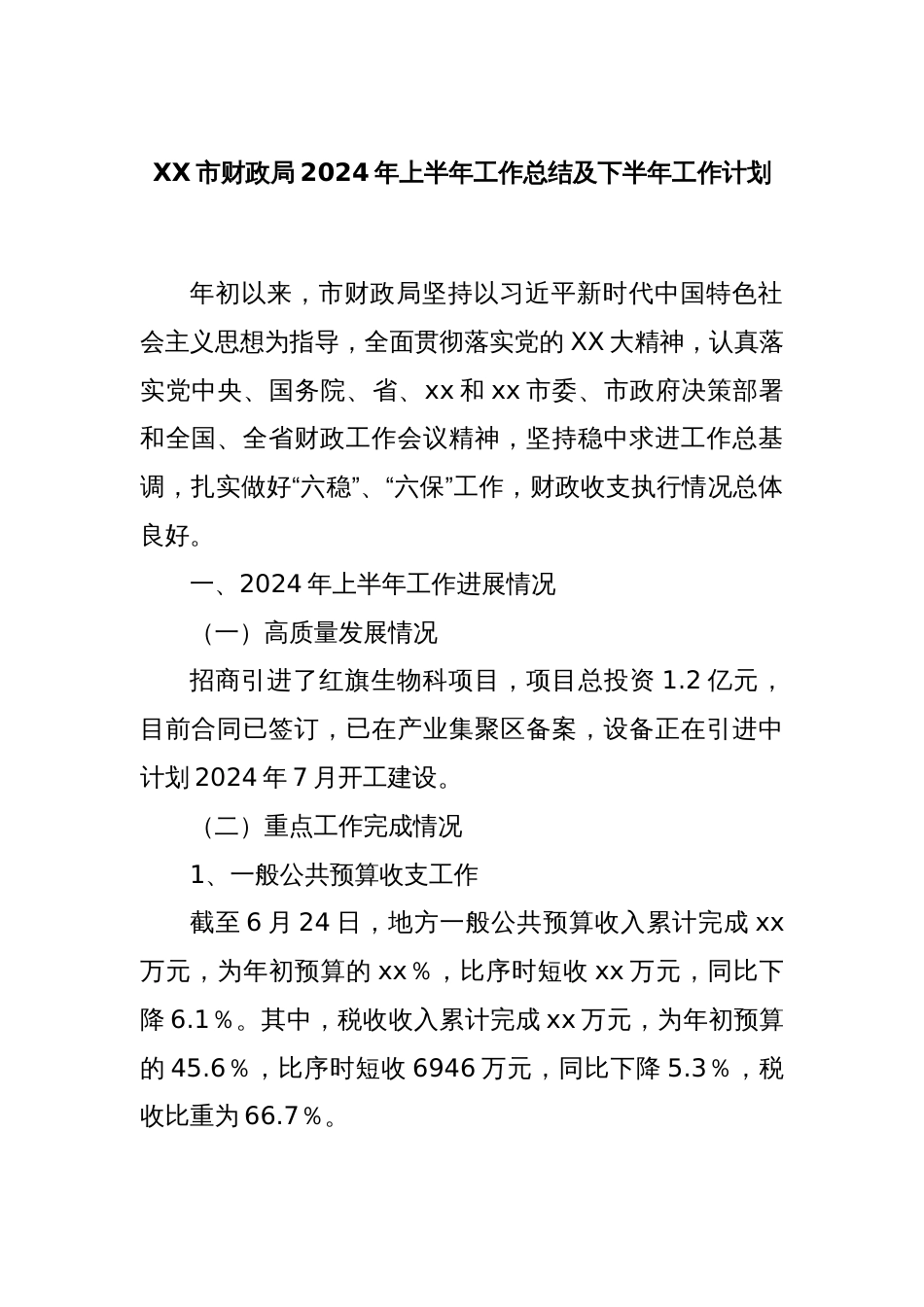 XX市财政局2024年上半年工作总结及下半年工作计划_第1页