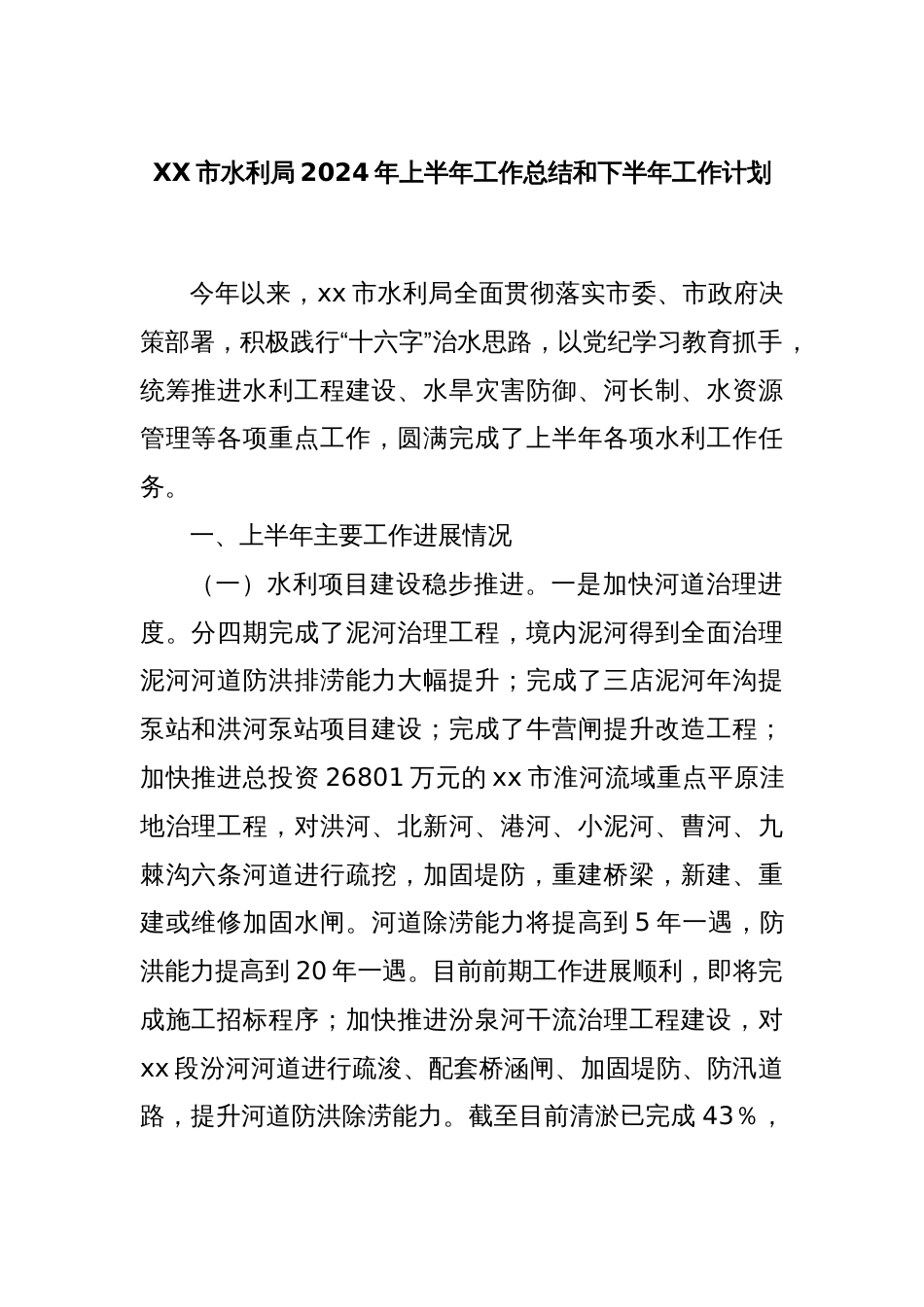 XX市水利局2024年上半年工作总结和下半年工作计划_第1页