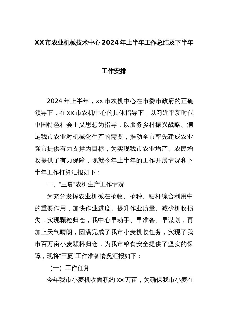 XX市农业机械技术中心2024年上半年工作总结及下半年工作安排_第1页