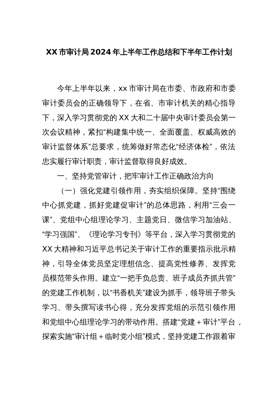 XX市审计局2024年上半年工作总结和下半年工作计划_第1页