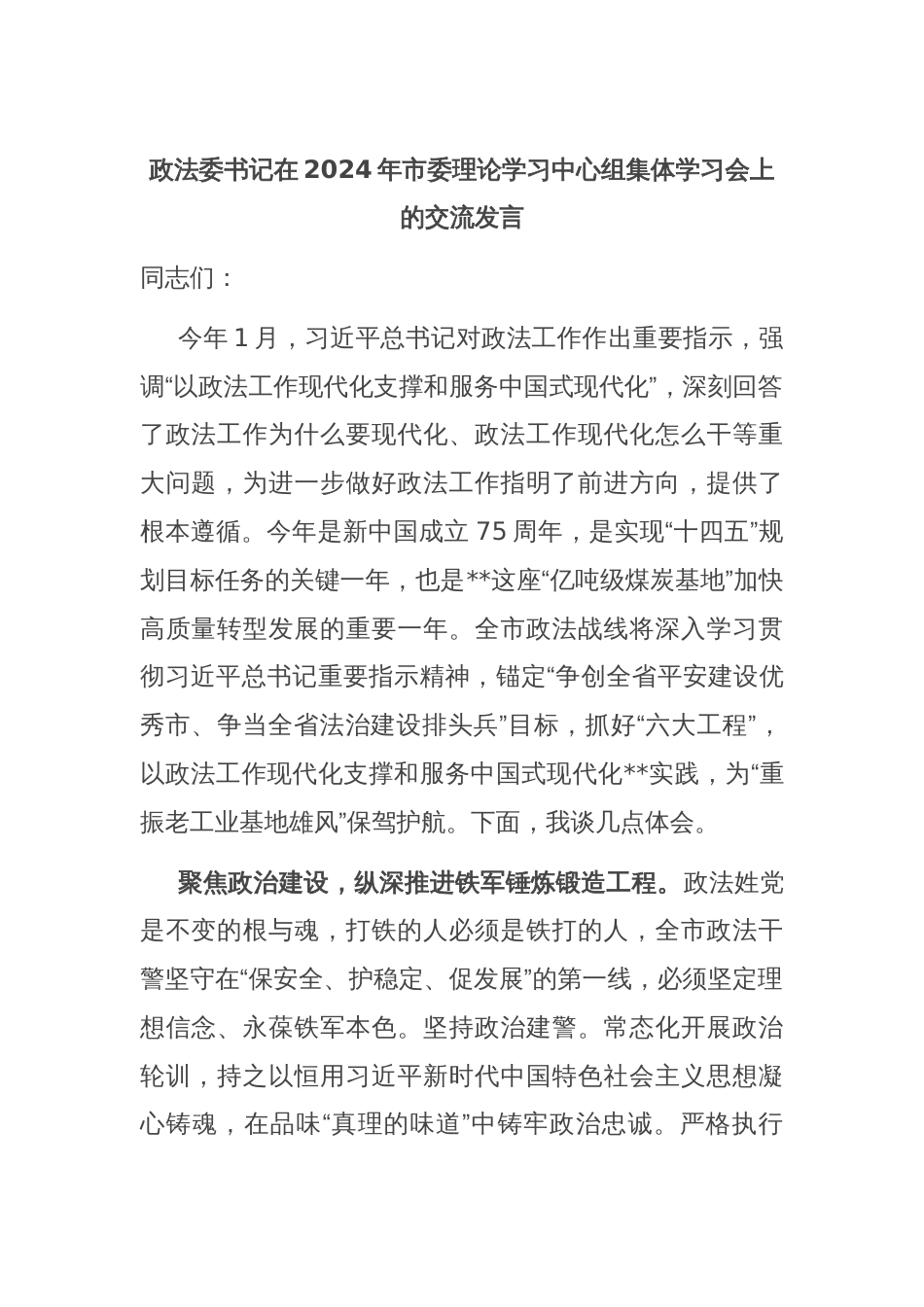 政法委书记在2024年市委理论学习中心组集体学习会上的交流发言_第1页