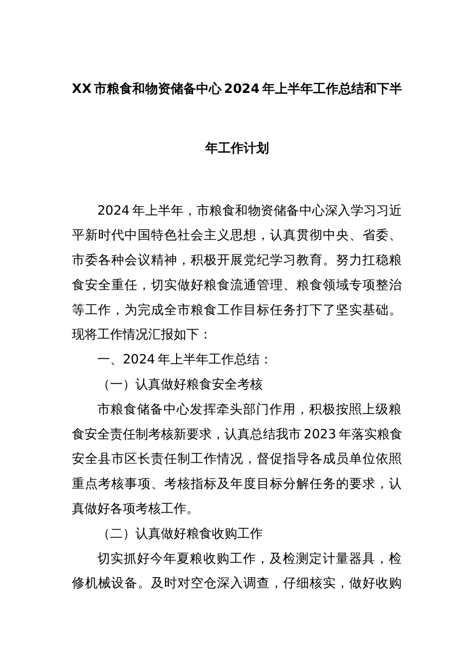 XX市粮食和物资储备中心2024年上半年工作总结和下半年工作计划_第1页