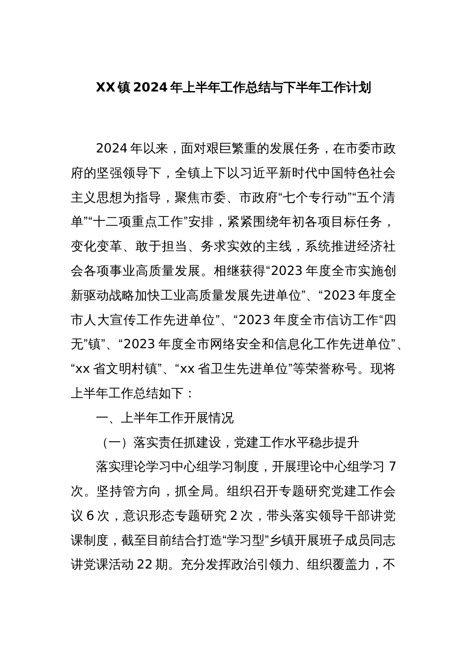 XX镇2024年上半年工作总结与下半年工作计划_第1页