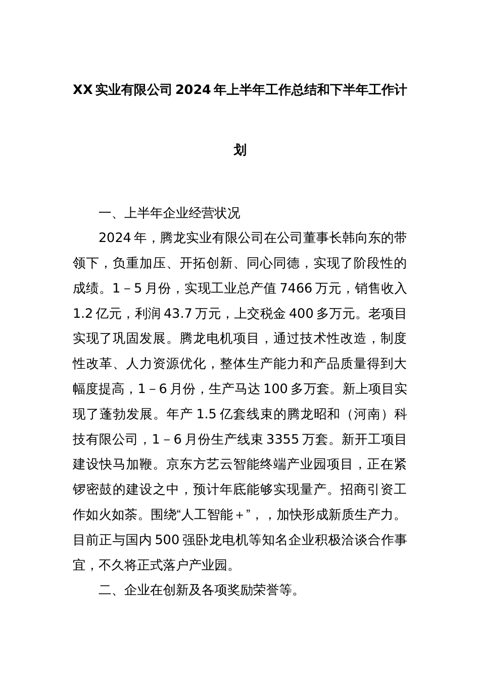 XX实业有限公司2024年上半年工作总结和下半年工作计划_第1页