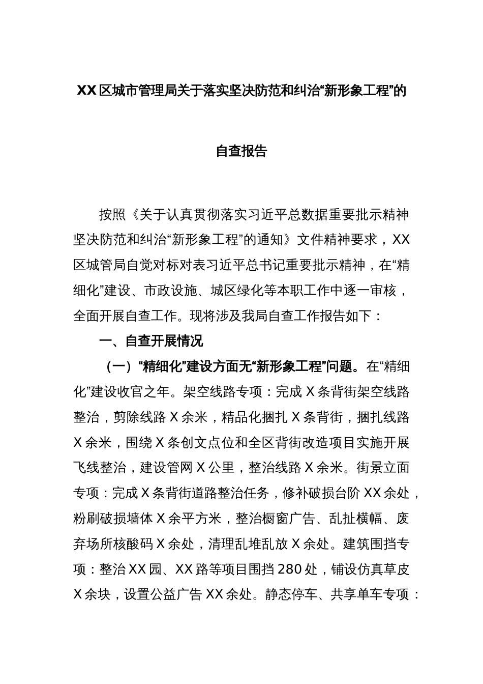 XX区城市管理局关于落实坚决防范和纠治“新形象工程”的自查报告_第1页