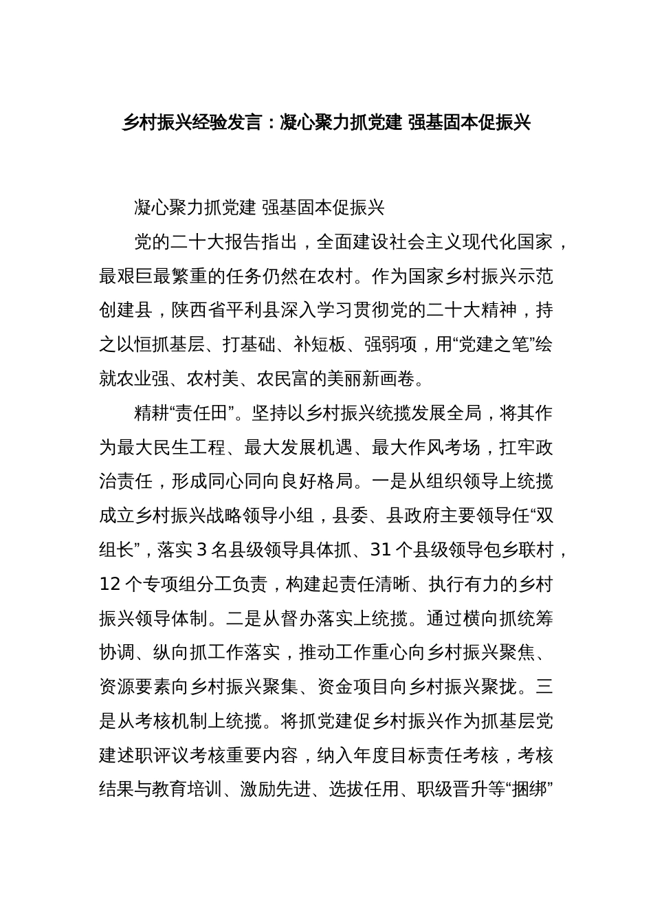 乡村振兴经验发言：凝心聚力抓党建 强基固本促振兴_第1页