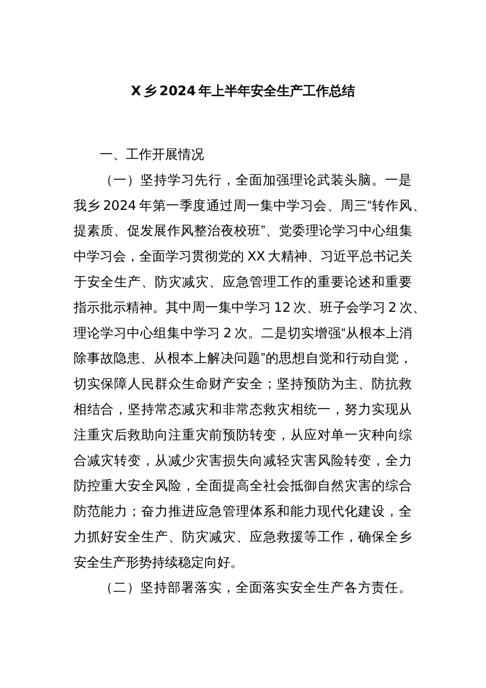 X乡2024年上半年安全生产工作总结_第1页