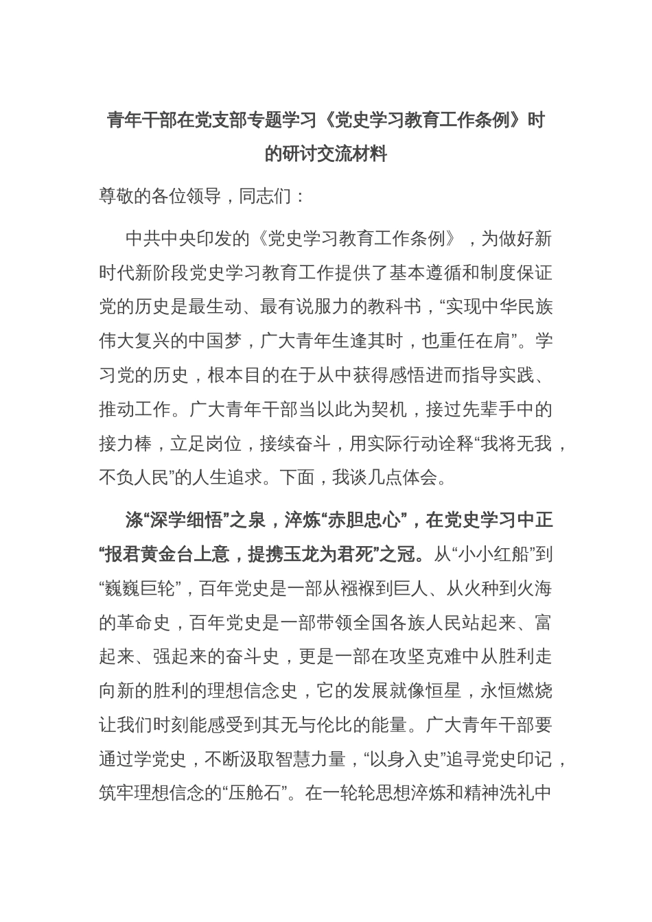 青年干部在党支部专题学习《党史学习教育工作条例》时的研讨交流材料_第1页