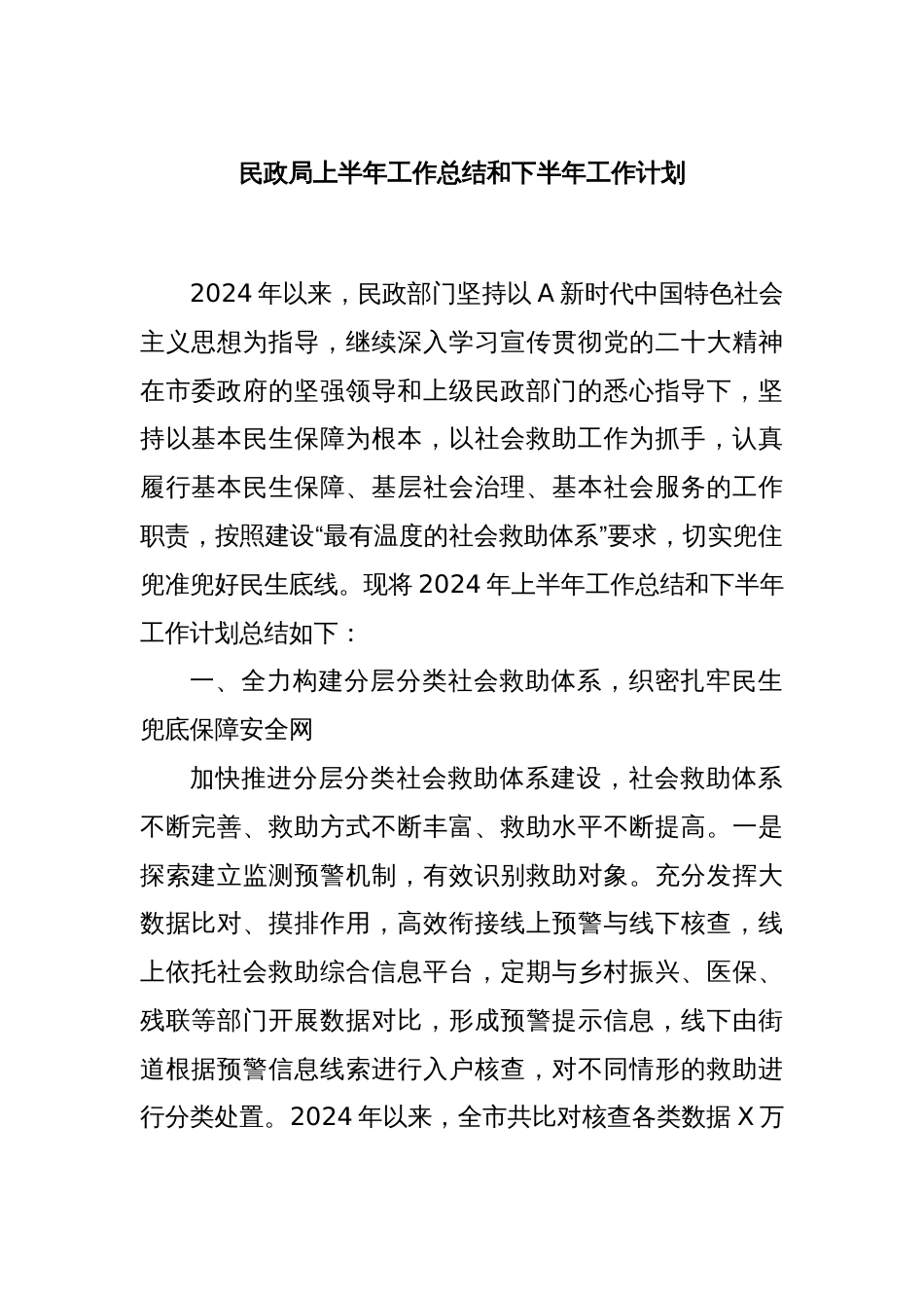 民政局上半年工作总结和下半年工作计划_第1页