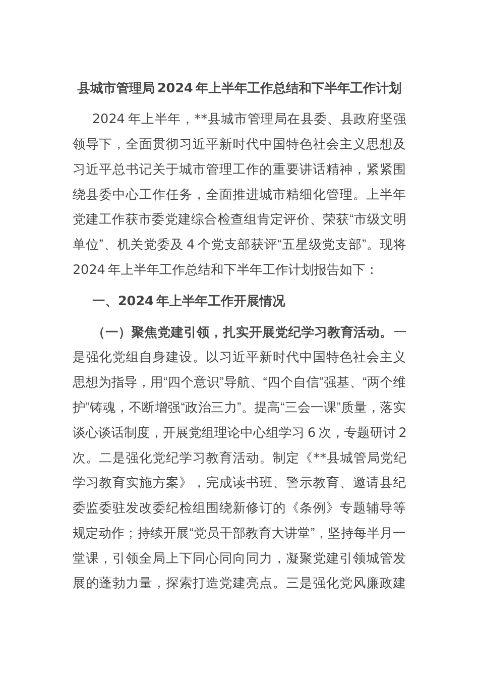 县城市管理局2024年上半年工作总结和下半年工作计划_第1页