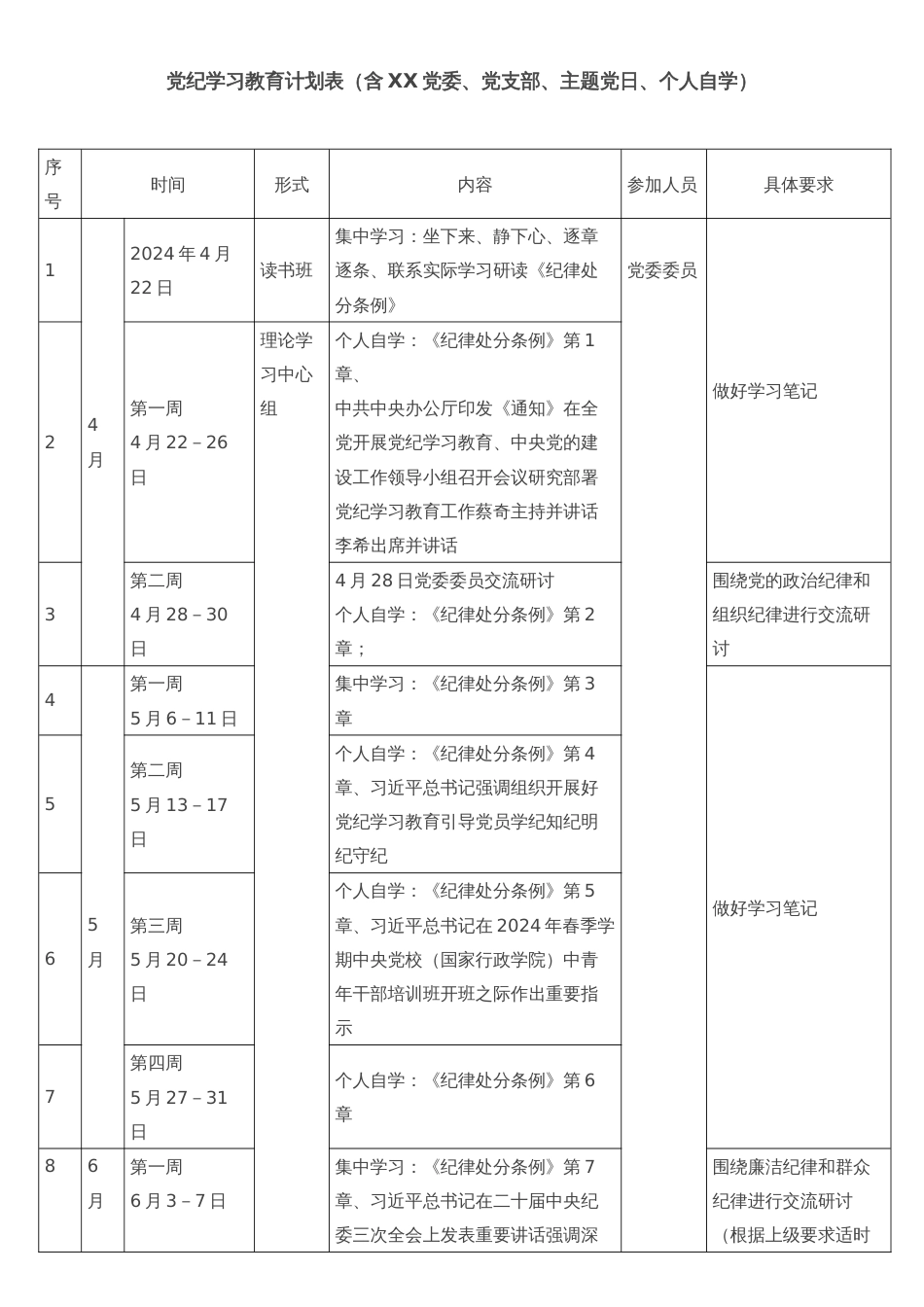 党纪学习教育计划表（含XX党委、党支部、主题党日、个人自学）_第1页