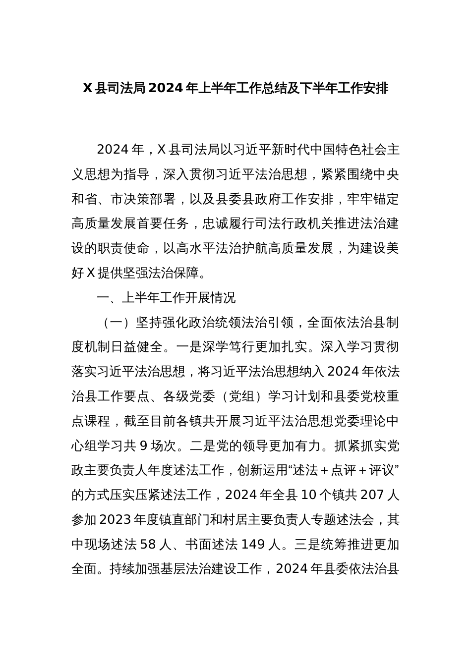 X县司法局2024年上半年工作总结及下半年工作安排_第1页