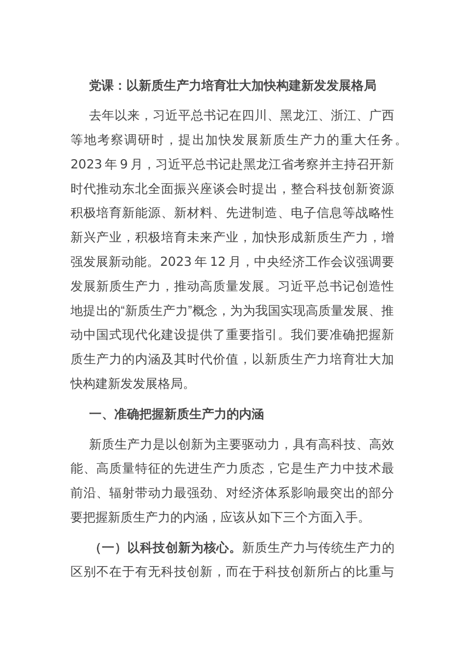 党课：以新质生产力培育壮大加快构建新发发展格局_第1页