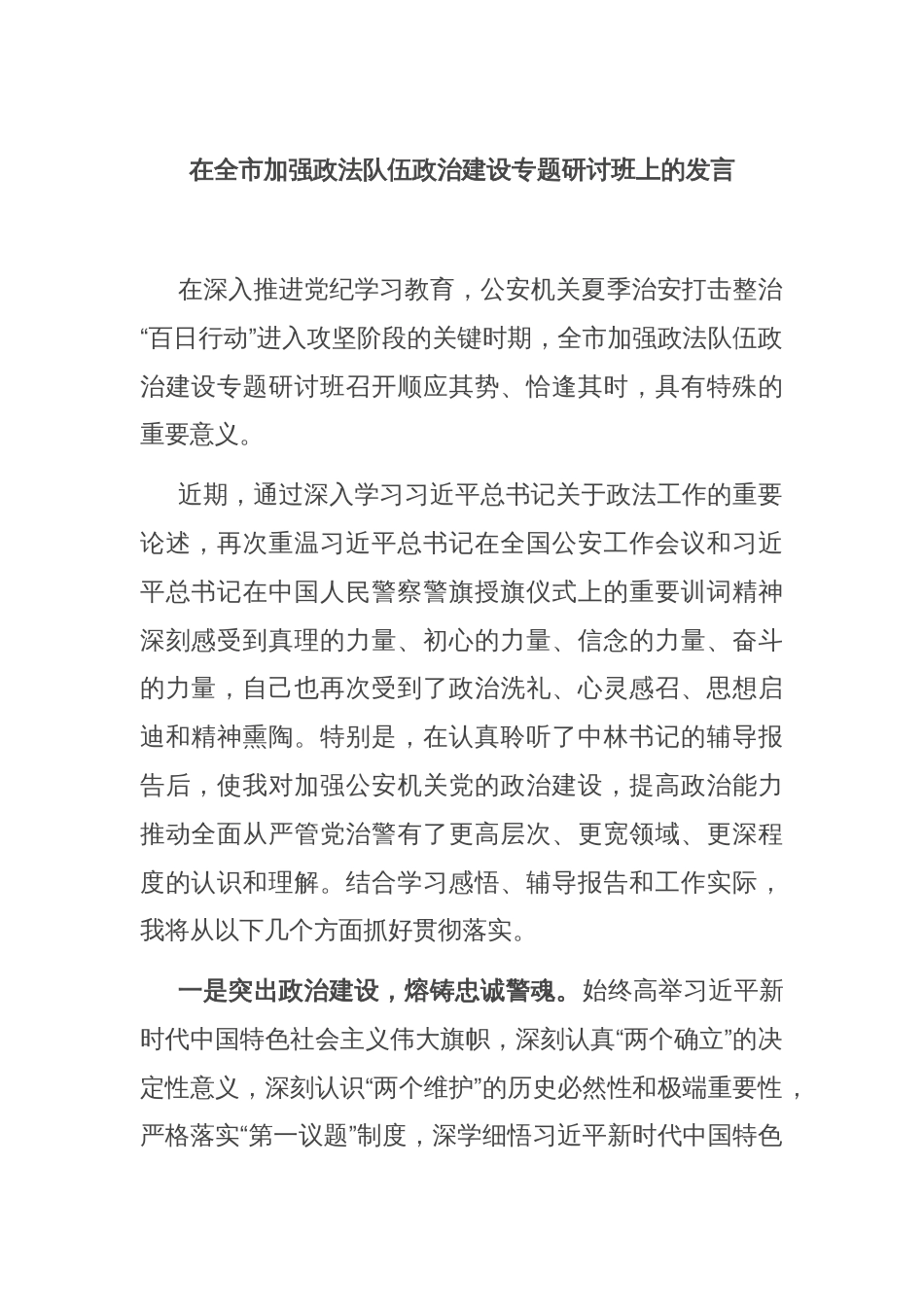 在全市加强政法队伍政治建设专题研讨班上的发言_第1页