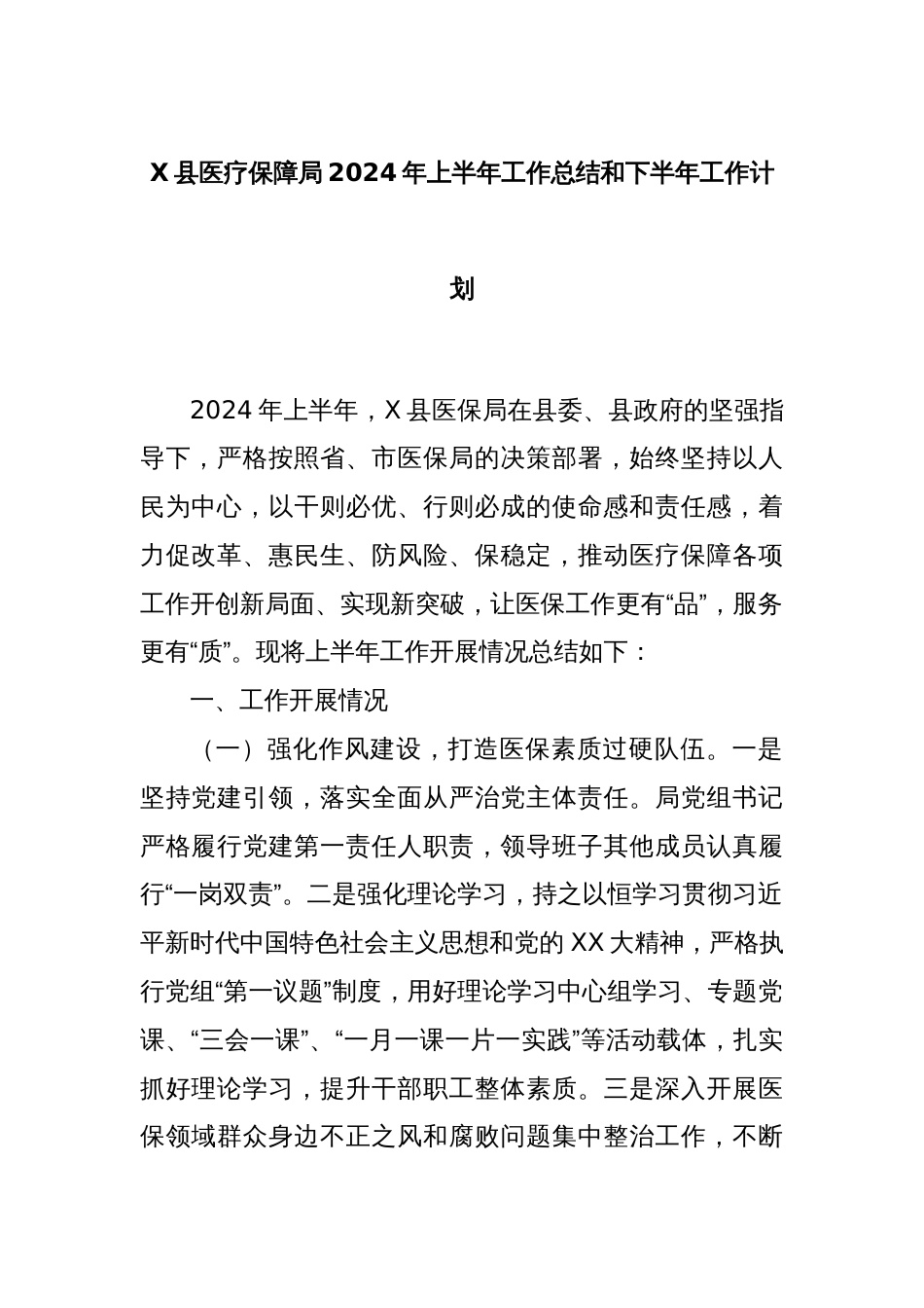 X县医疗保障局2024年上半年工作总结和下半年工作计划_第1页