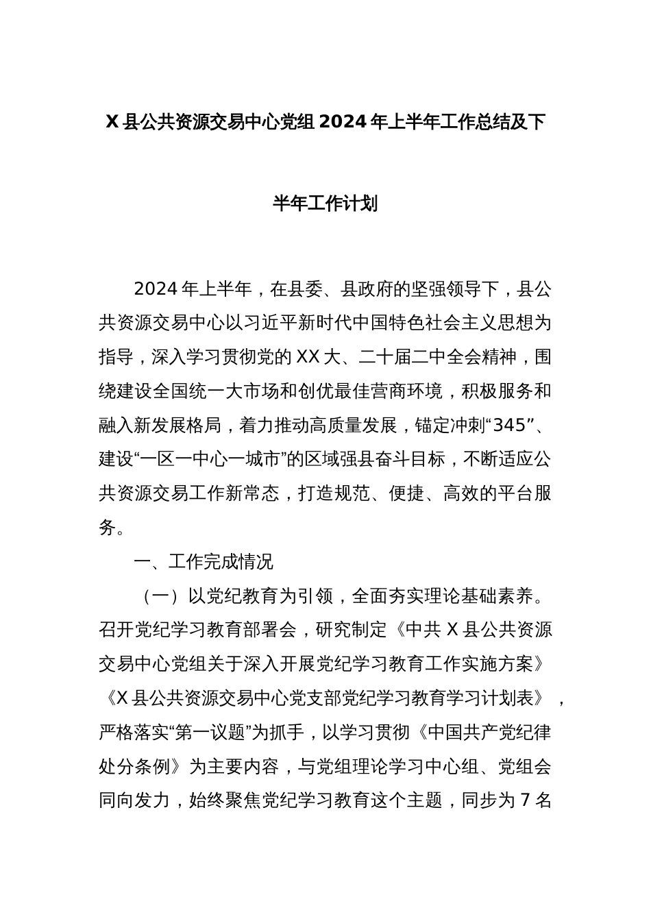 X县公共资源交易中心党组2024年上半年工作总结及下半年工作计划_第1页