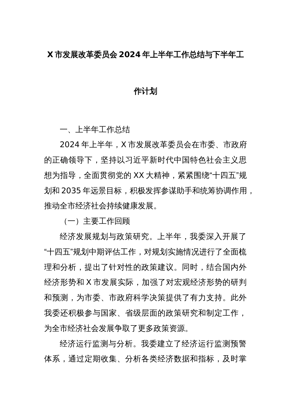 X市发展改革委员会2024年上半年工作总结与下半年工作计划_第1页