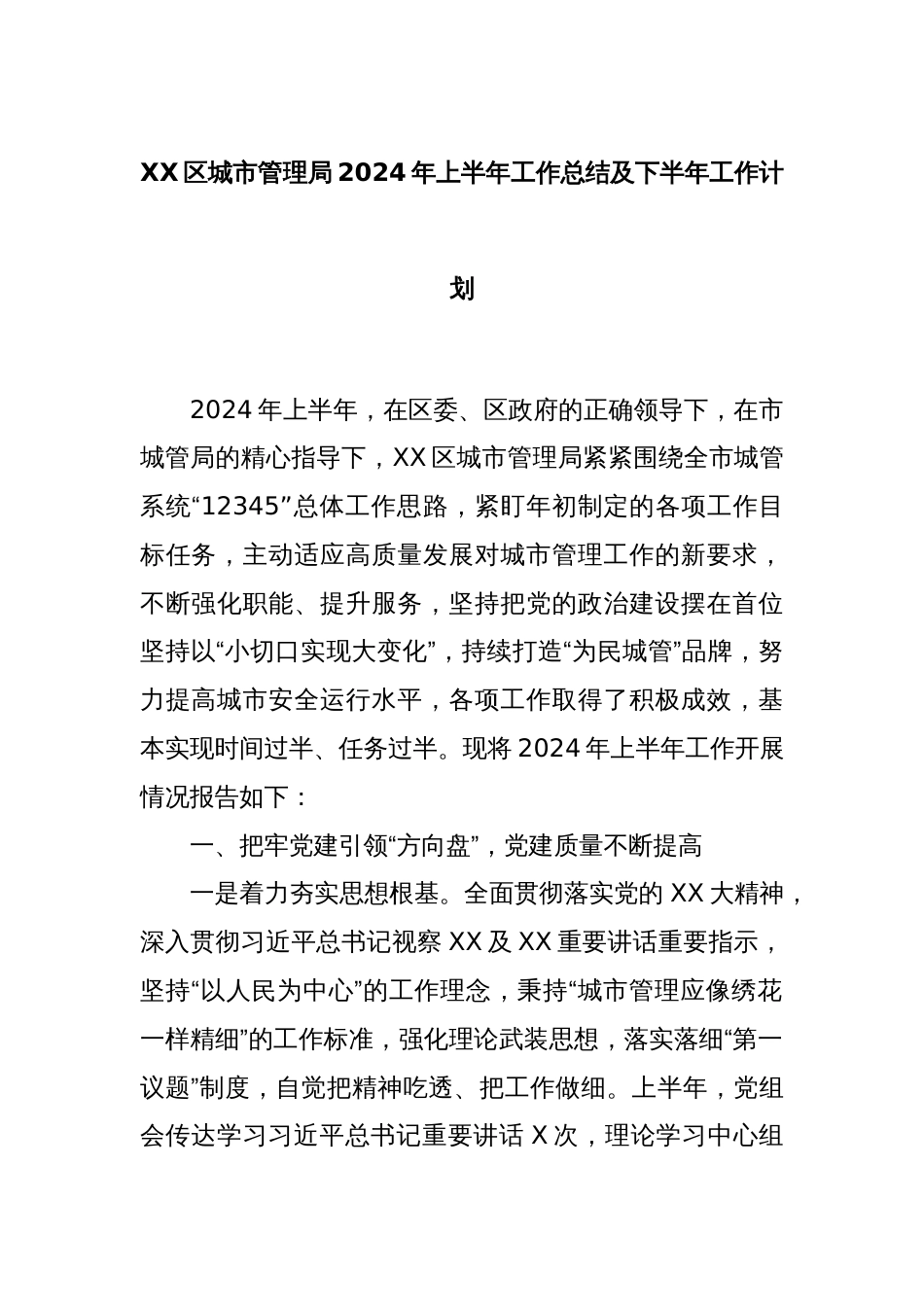 XX区城市管理局2024年上半年工作总结及下半年工作计划_第1页