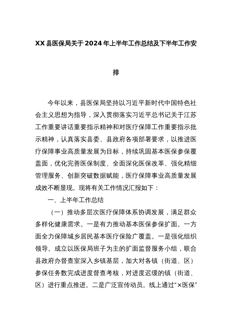 XX县医保局关于2024年上半年工作总结及下半年工作安排_第1页