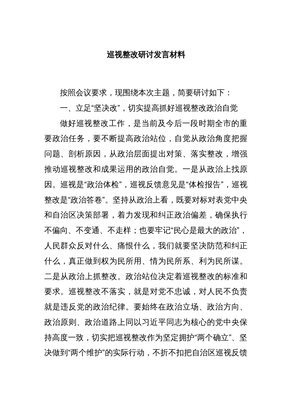 巡视整改研讨发言材料_第1页