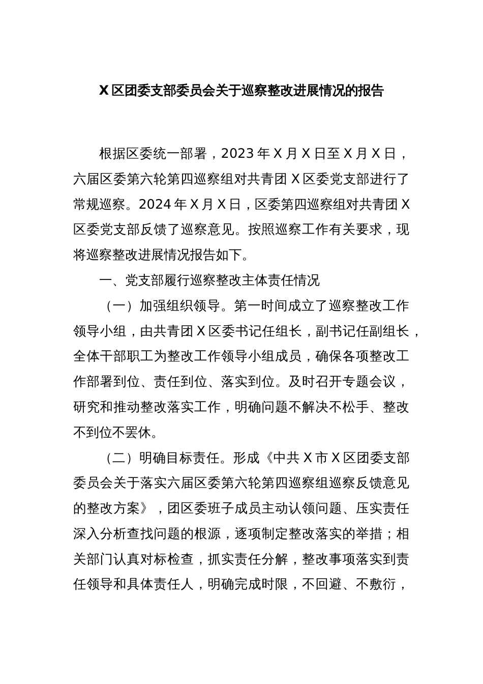 X区团委支部委员会关于巡察整改进展情况的报告_第1页