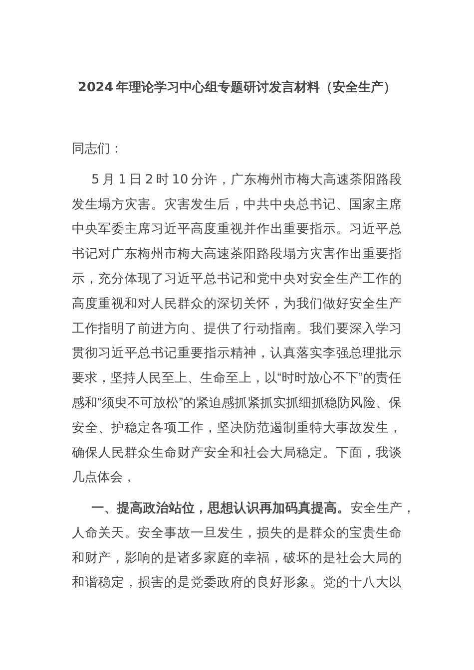 2024年理论学习中心组专题研讨发言材料（安全生产）_第1页