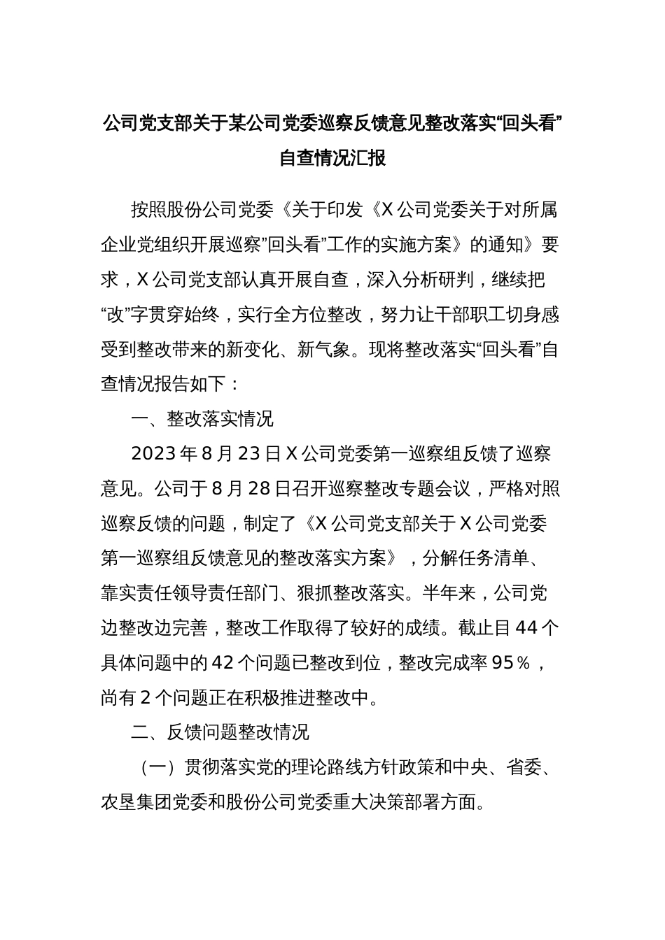 公司党支部关于某公司党委巡察反馈意见整改落实“回头看”自查情况汇报_第1页