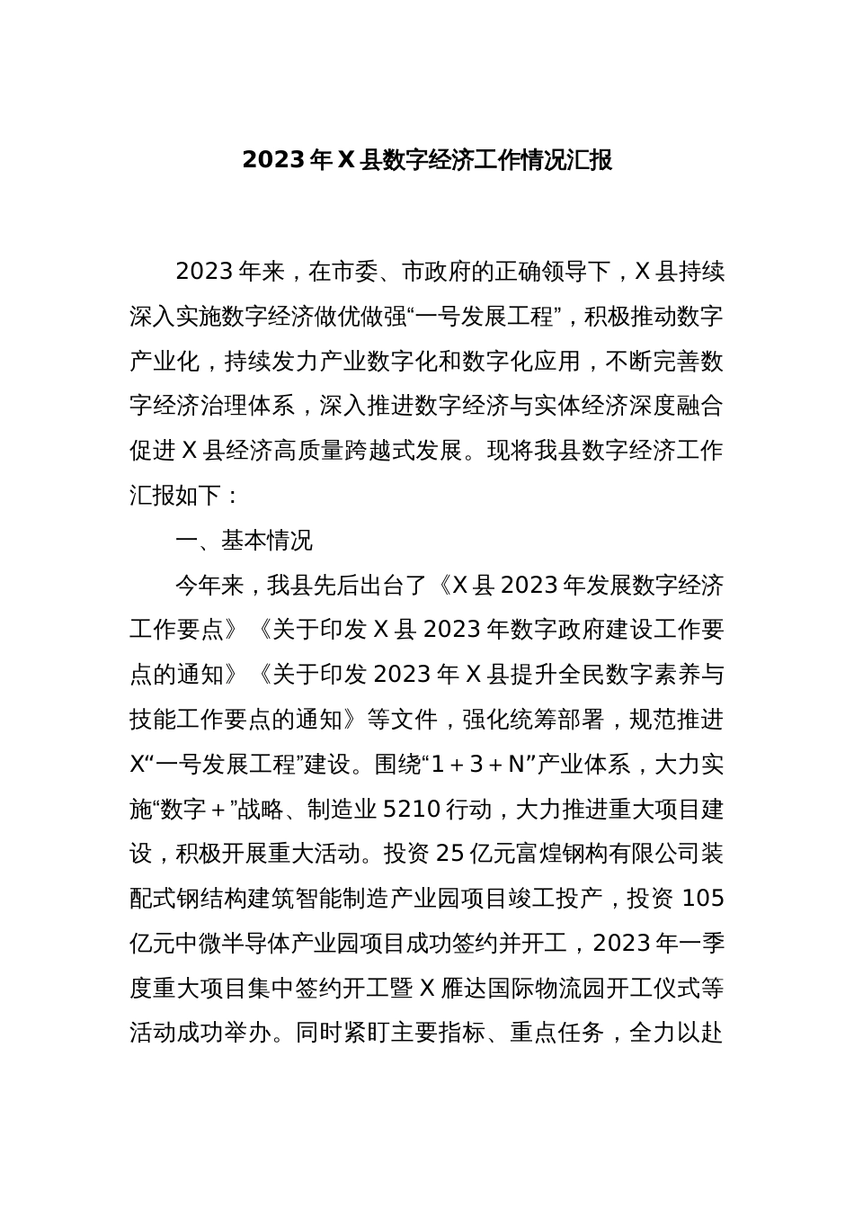 2023年X县数字经济工作情况汇报_第1页