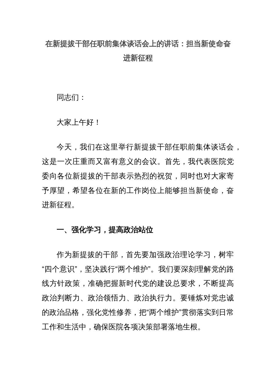 在新提拔干部任职前集体谈话会上的讲话：担当新使命奋进新征程_第1页