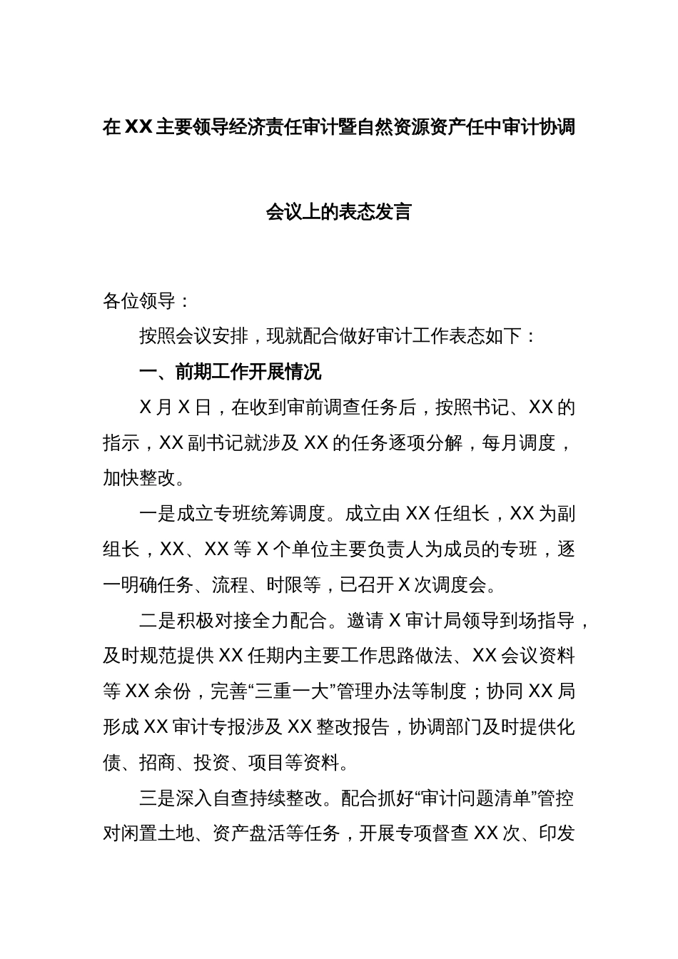 在XX主要领导经济责任审计暨自然资源资产任中审计协调会议上的表态发言_第1页