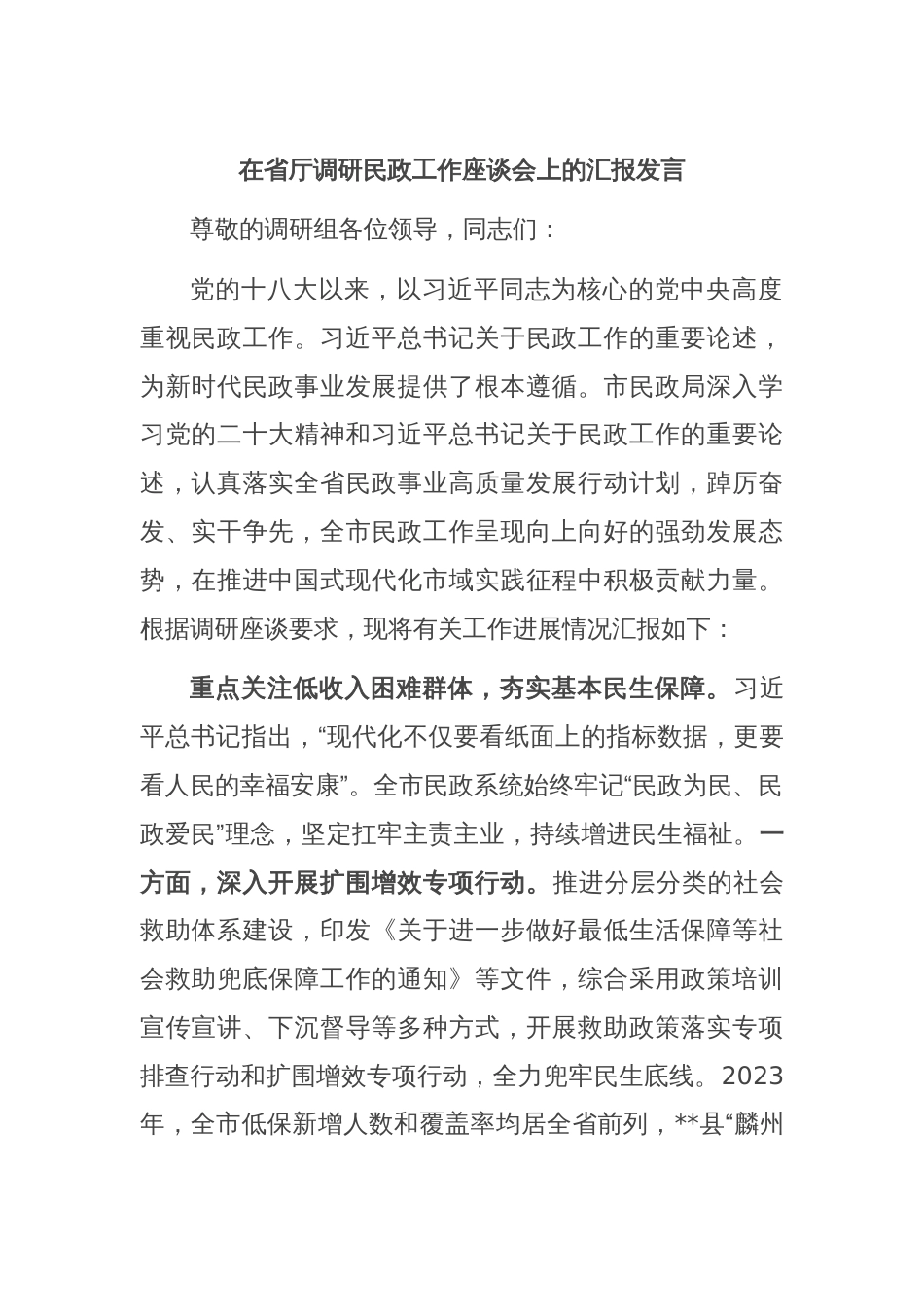 在省厅调研民政工作座谈会上的汇报发言_第1页