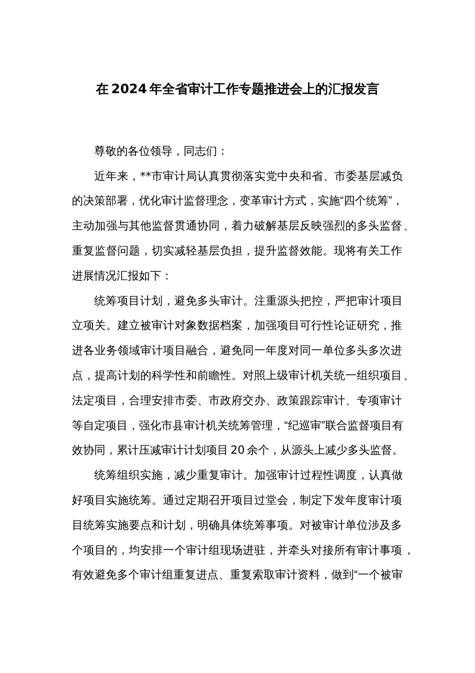 在2024年全省审计工作专题推进会上的汇报发言_第1页