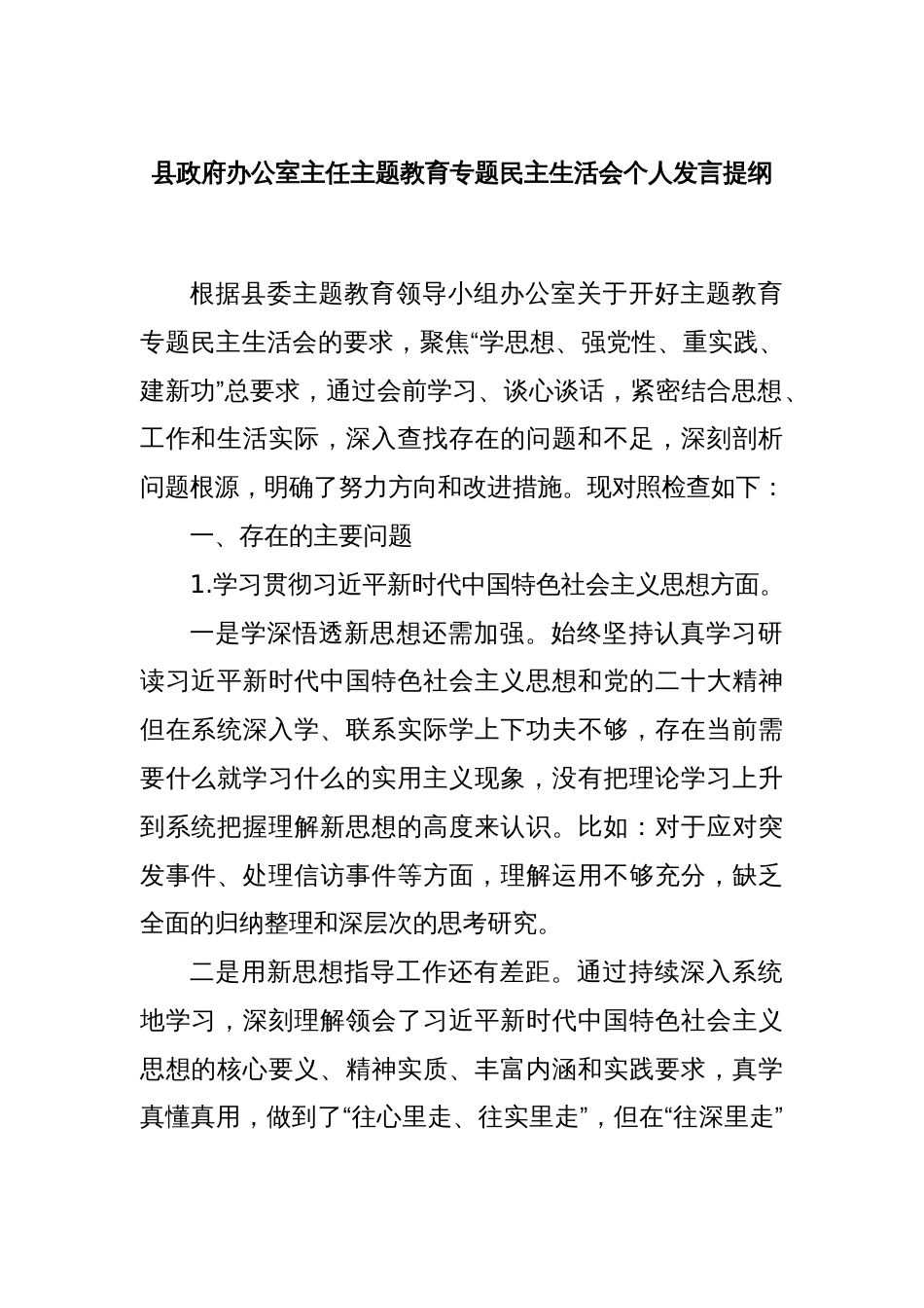 县政府办公室主任主题教育专题民主生活会个人发言提纲_第1页