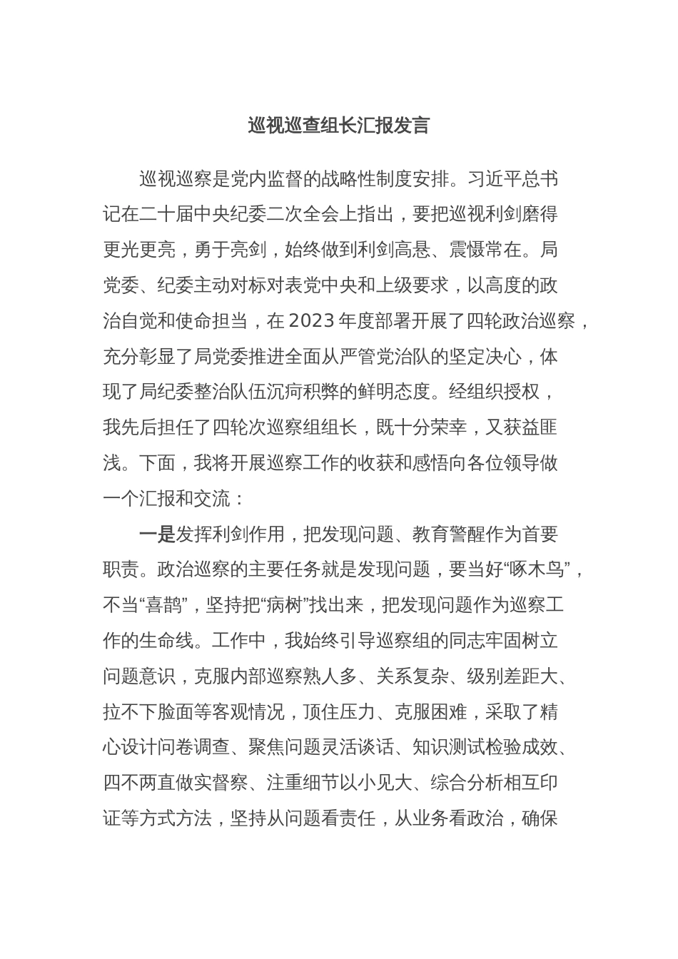 巡视巡查组长汇报发言_第1页