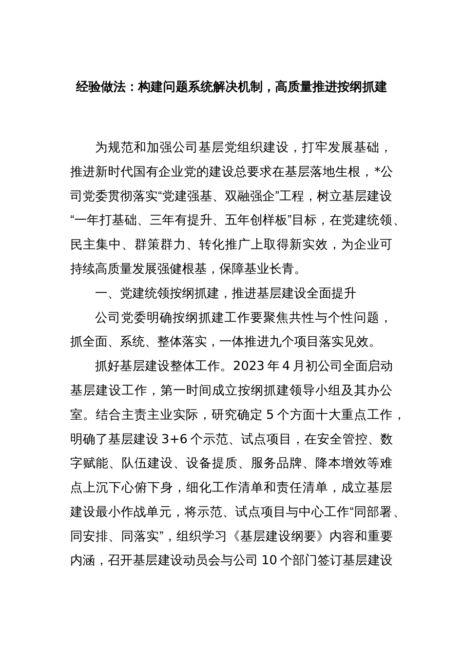 经验做法：构建问题系统解决机制，高质量推进按纲抓建_第1页