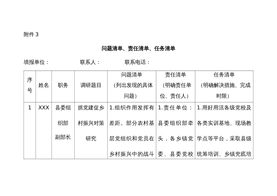 领导班子个人调研问题清单、责任清单、任务清单_第1页