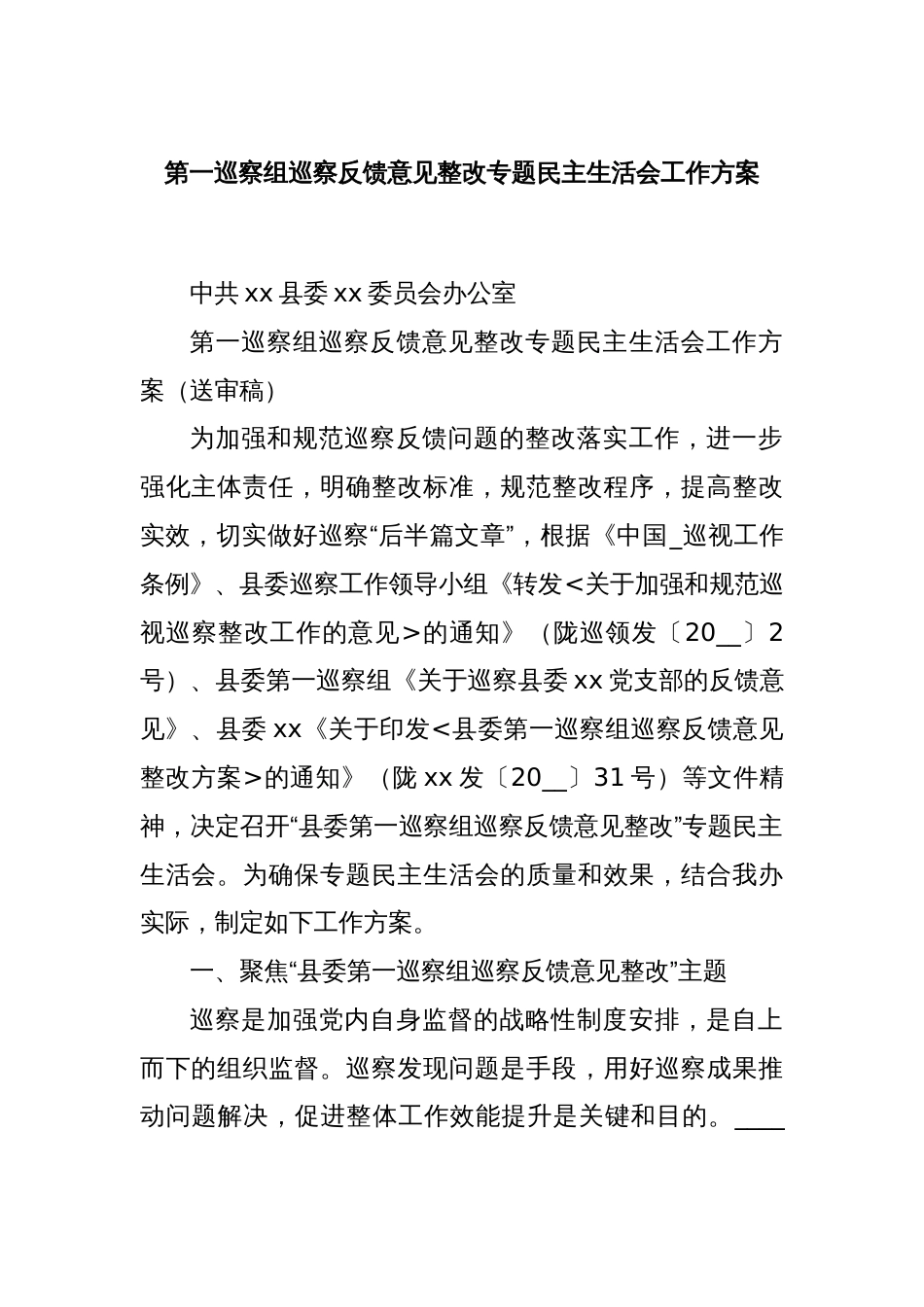 第一巡察组巡察反馈意见整改专题民主生活会工作方案_第1页