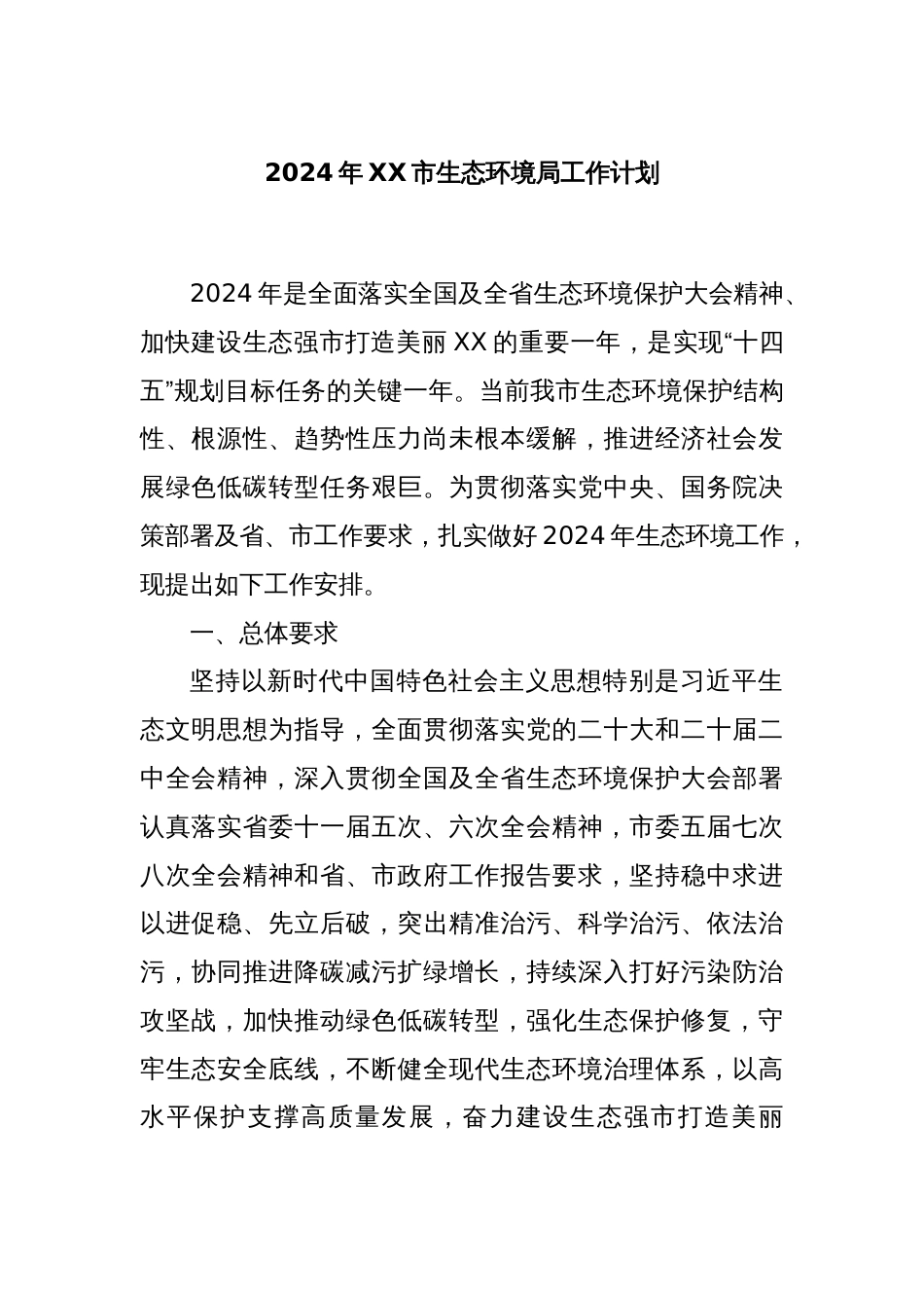 2024年XX市生态环境局工作计划_第1页