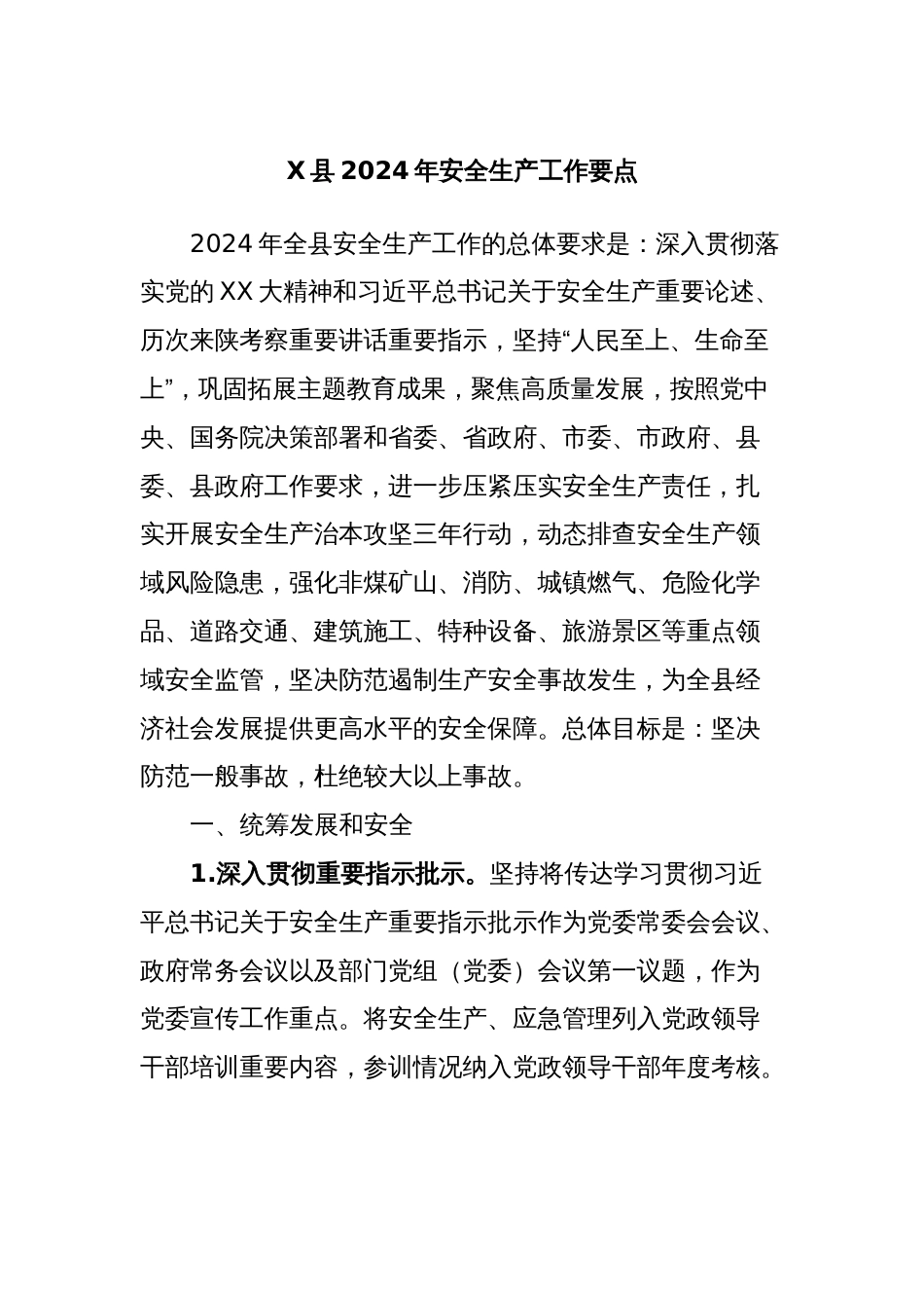 X县2024年安全生产工作要点_第1页