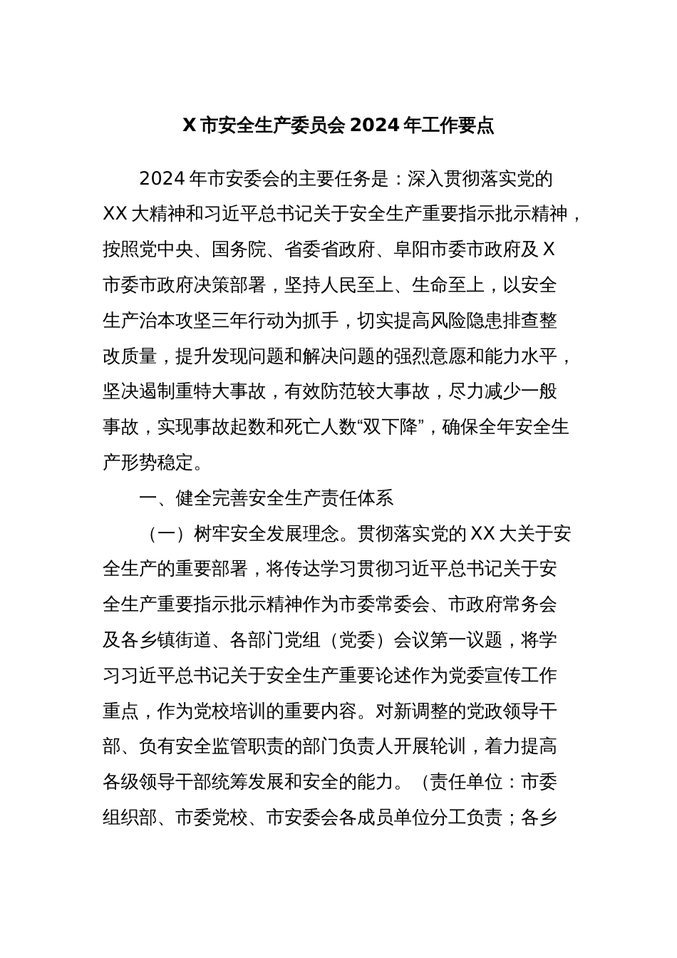 X市安全生产委员会2024年工作要点_第1页