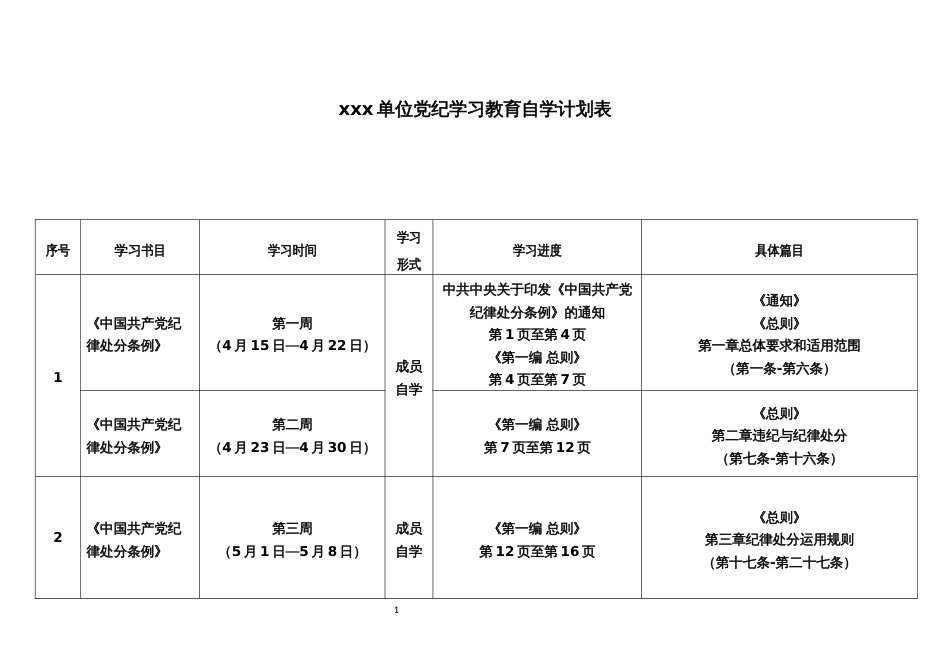 xxx单位党纪学习教育自学计划表_第1页