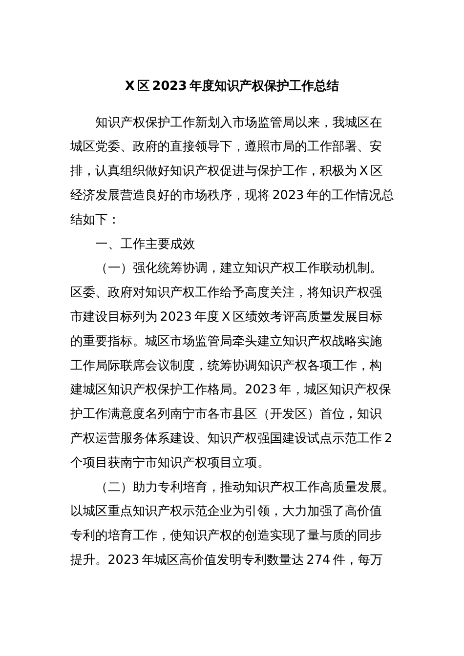 X区2023年度知识产权保护工作总结_第1页