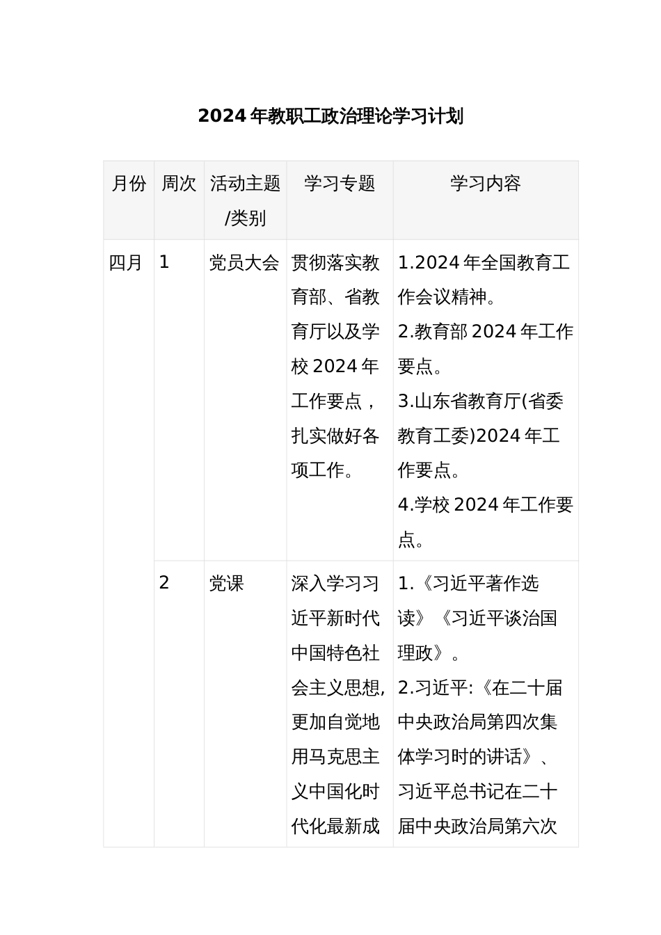 2024年教职工政治理论学习计划_第1页