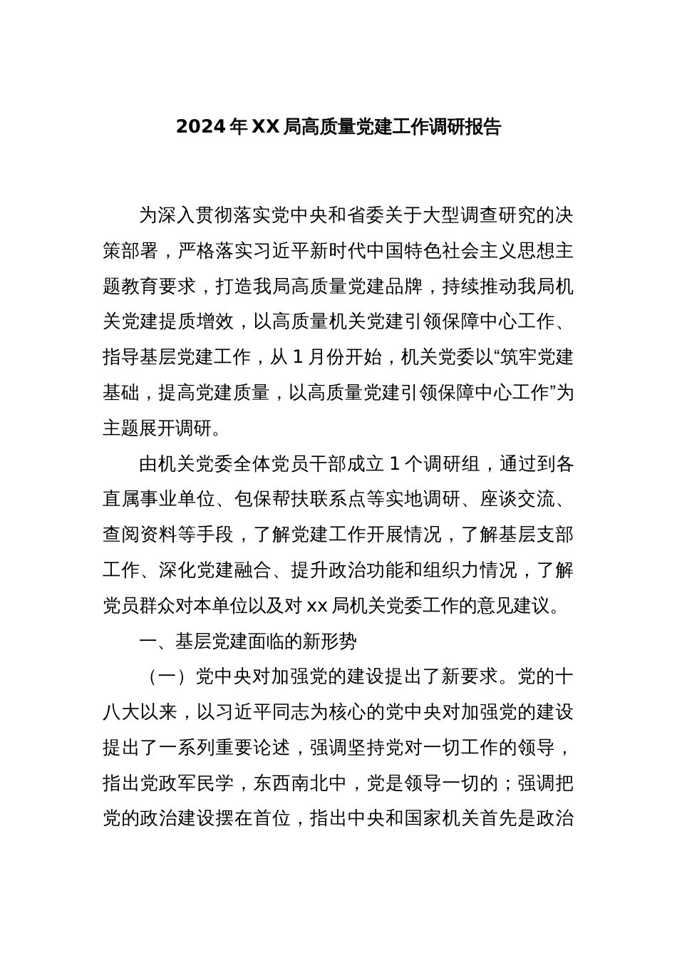 2024年XX局高质量党建工作调研报告_第1页